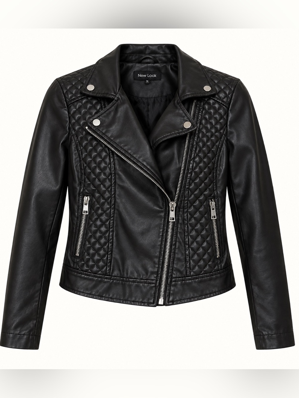 New Look Black Quilted Faux Leather Biker Jacket with Silver Hardware - Picture 1 of 4